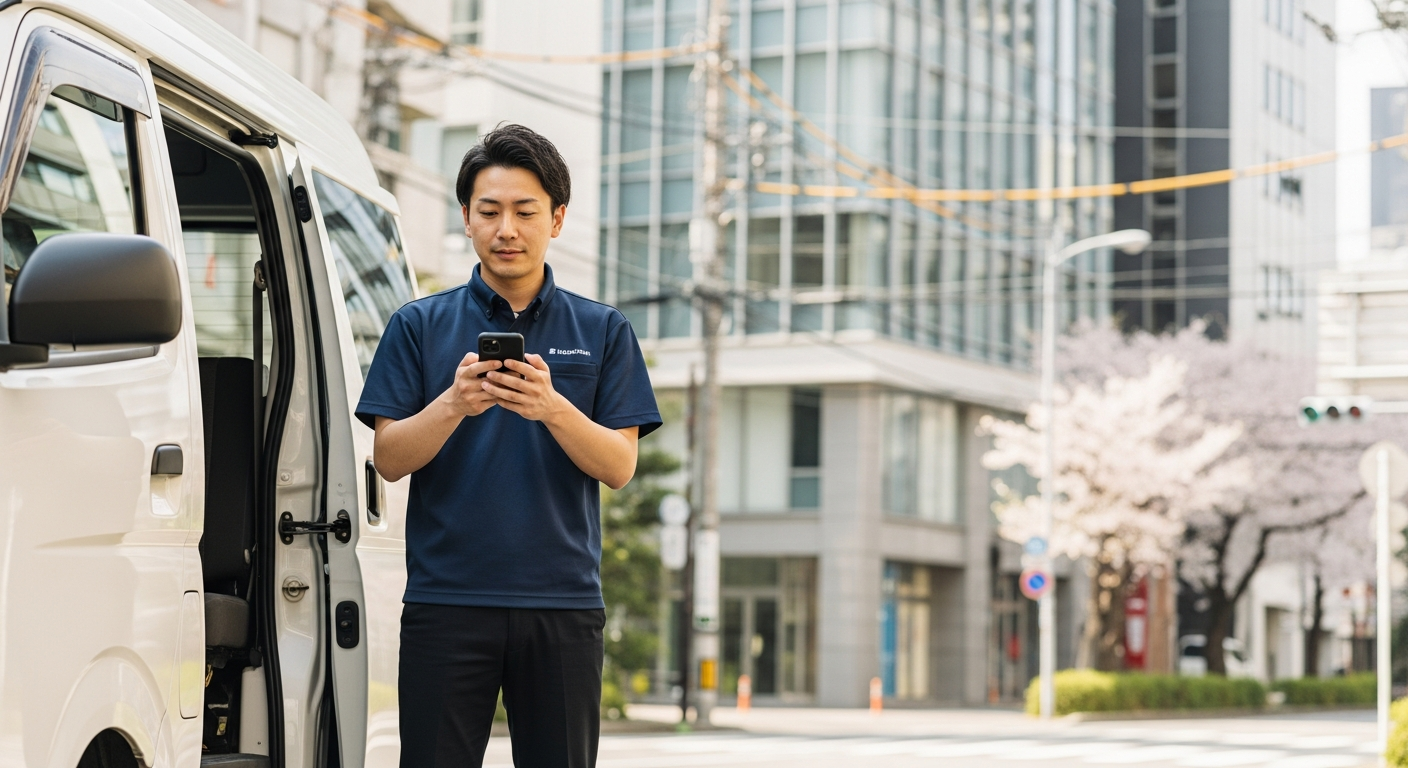 配送ドライバーがスマートフォンで配送管理をしている様子